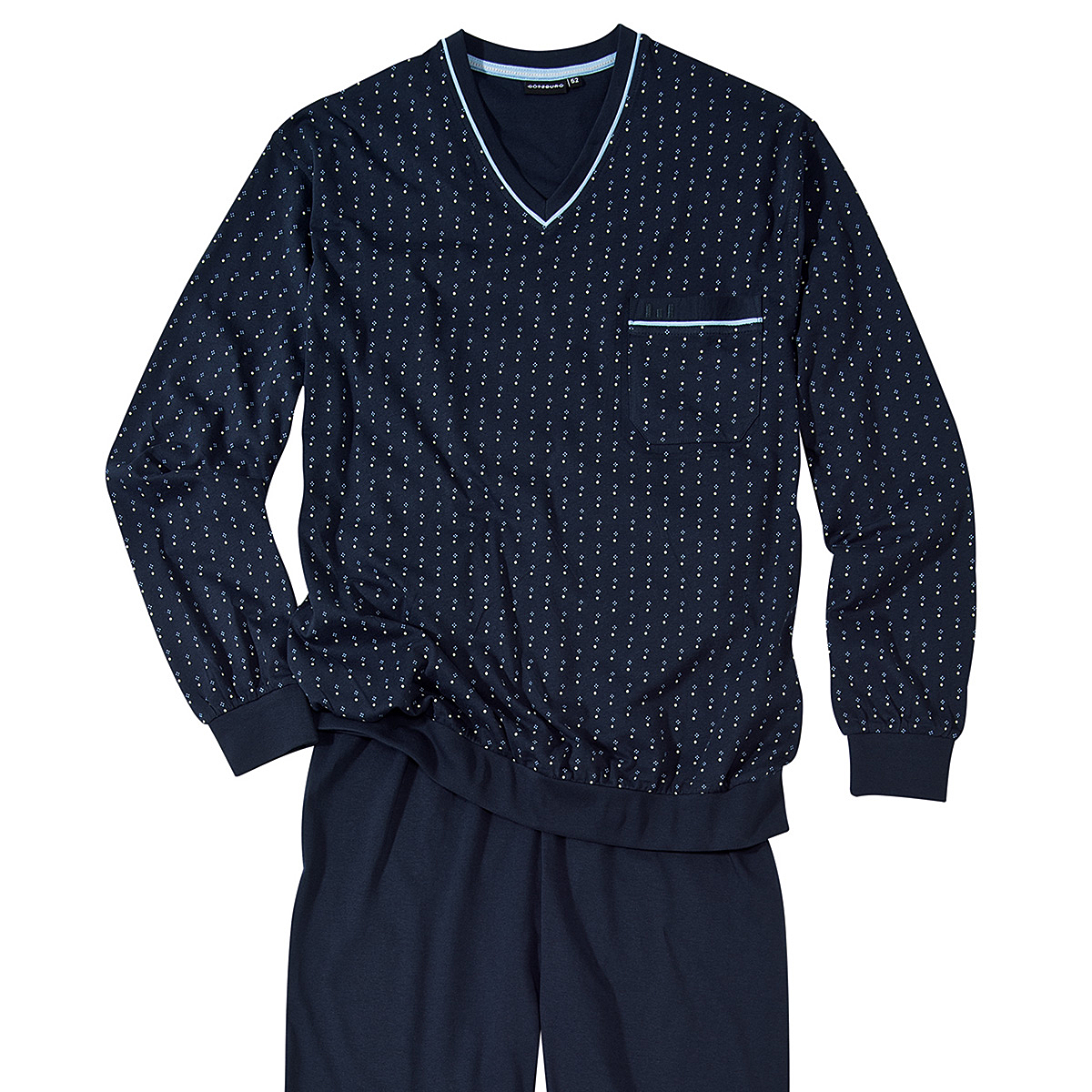 Götzburg | Pyjama | Schlafanzug Azur Baumwolle | Männermode V-Kragen Größenspezialist | Langarm | Marine 