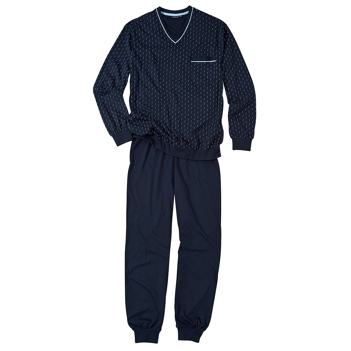 Götzburg | Pyjama | Schlafanzug Männermode | V-Kragen Marine | Baumwolle Langarm Größenspezialist Azur | 